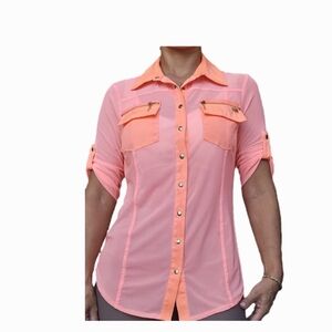 Bebe Peach Color Fitted Button Down Shirt with Notched Collar